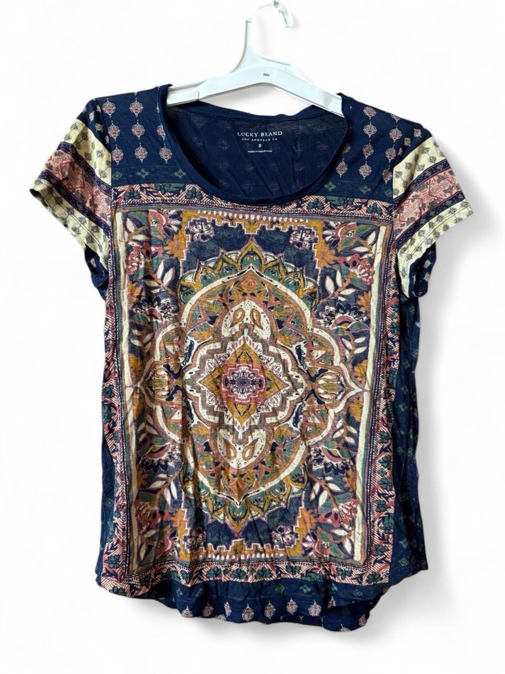 Lucky Brand Navy Multicolor Medallion Short Sleeve Tee